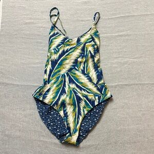 Prana Jess Reversible Tropic Panama Blue and Green Leaf Print Swimsuit sz small